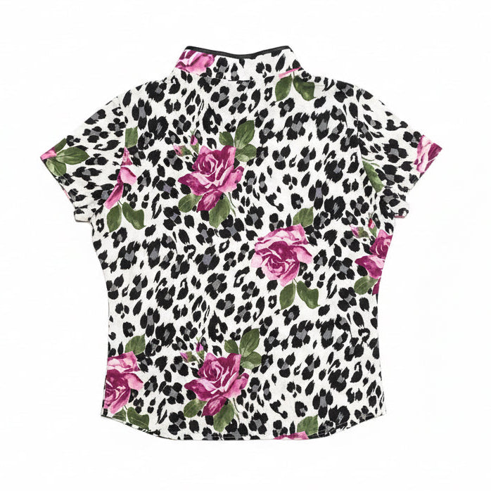 [USED] Chinese Collar Leopard & Rose Print T-Shirt