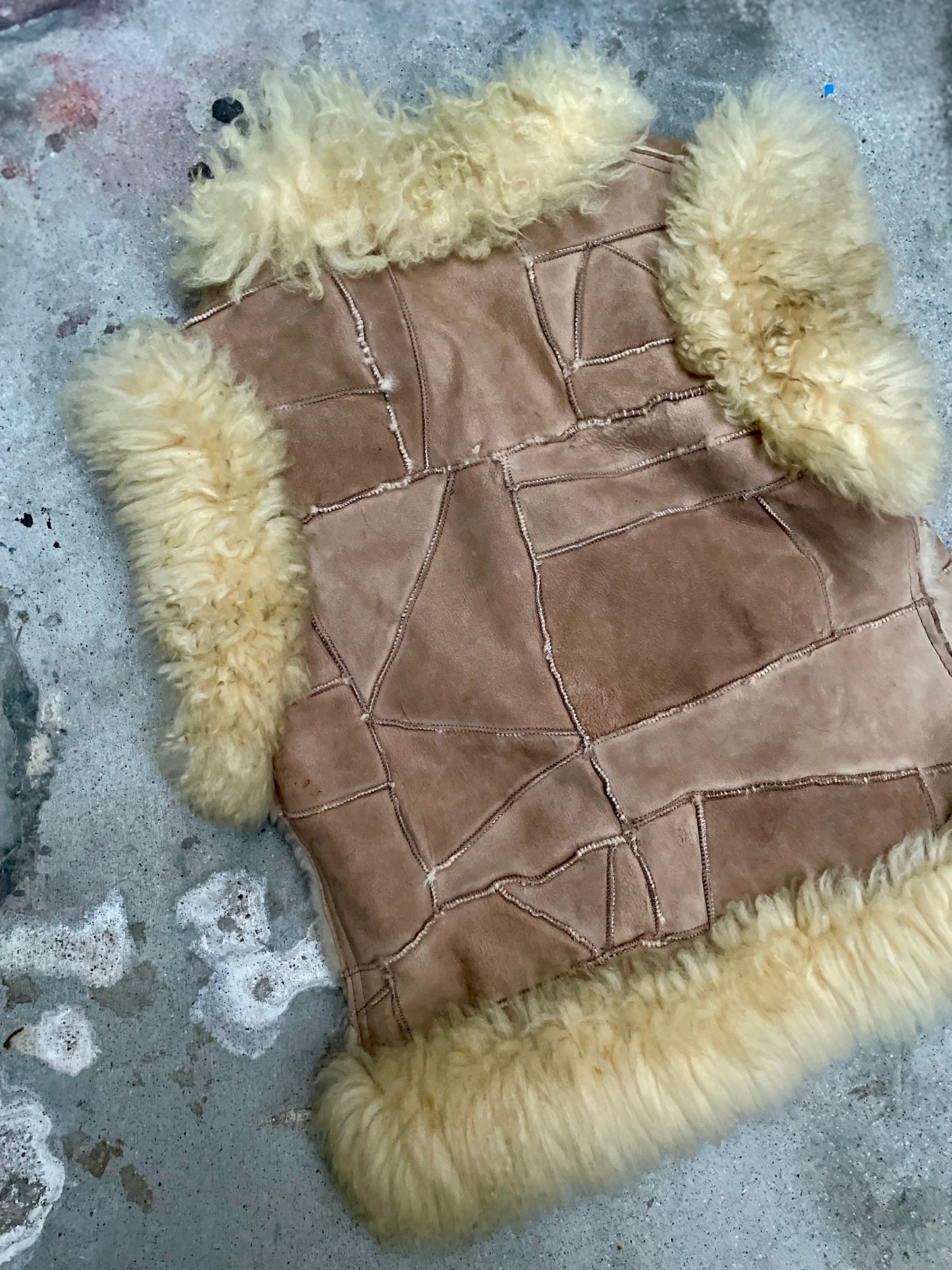 [USED] Faux Shearling Patchwork Vest, Shaggy Trim