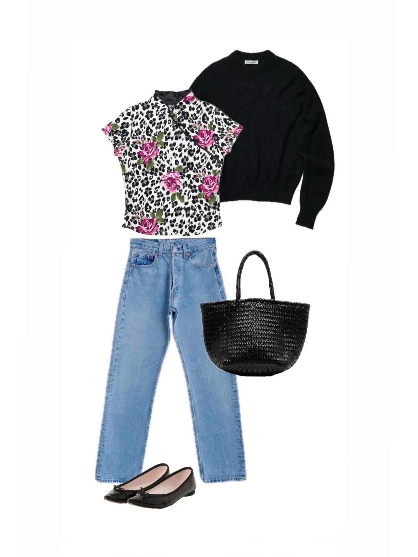 [USED] Chinese Collar Leopard & Rose Print T-Shirt