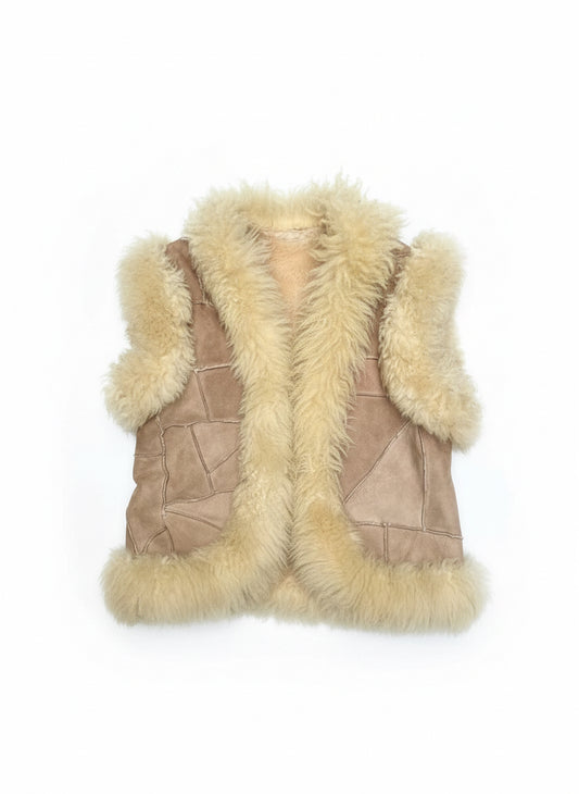 [USED] Faux Shearling Patchwork Vest, Shaggy Trim