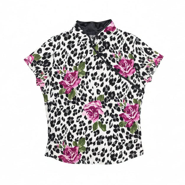 [USED] Chinese Collar Leopard & Rose Print T-Shirt