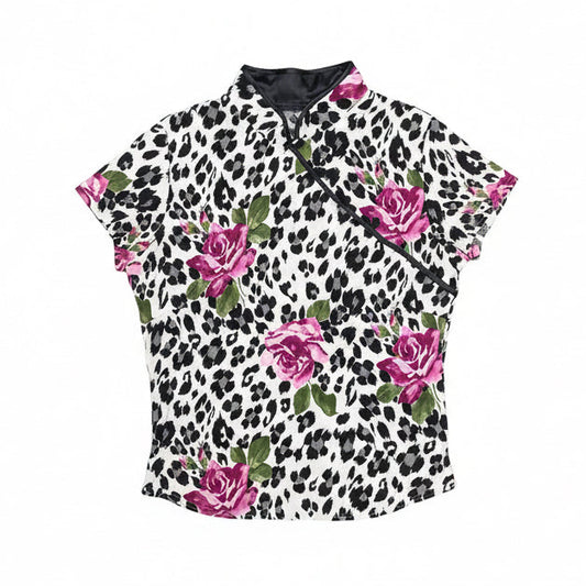 [USED] Chinese Collar Leopard & Rose Print T-Shirt