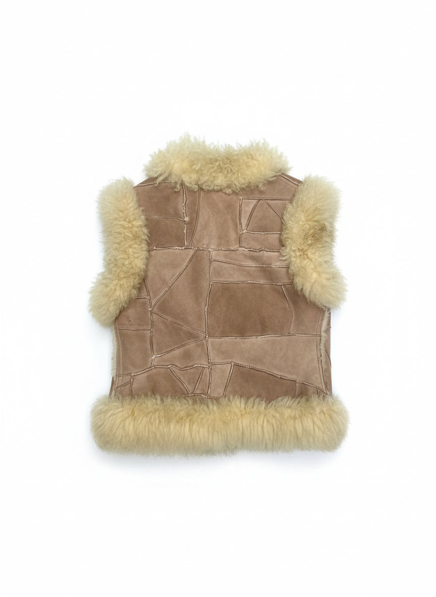 [USED] Faux Shearling Patchwork Vest, Shaggy Trim