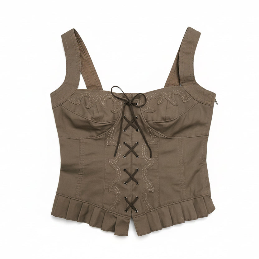 [VINTAGE] Y2K Khaki Lace-Up Bustier Top